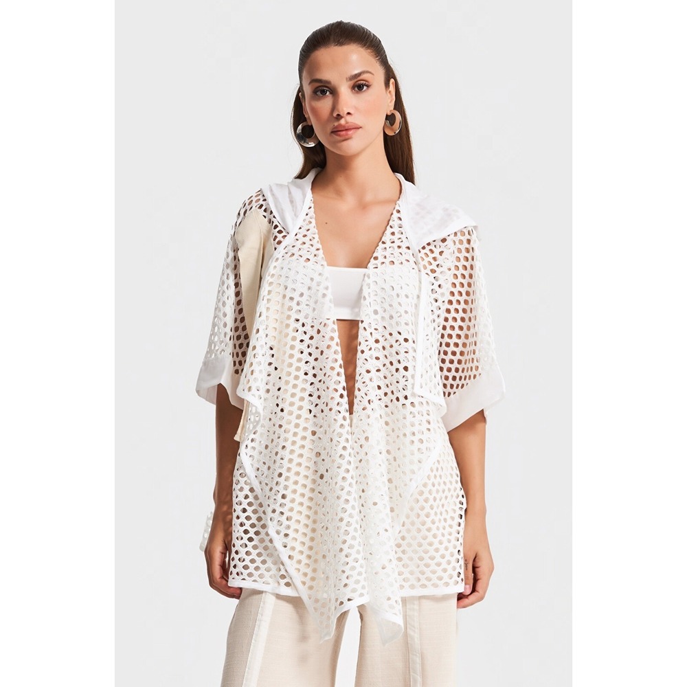 NWT Turkish Cotton Open Crochet Knit Net Cargo Hooded White Jacket Coverup Vest